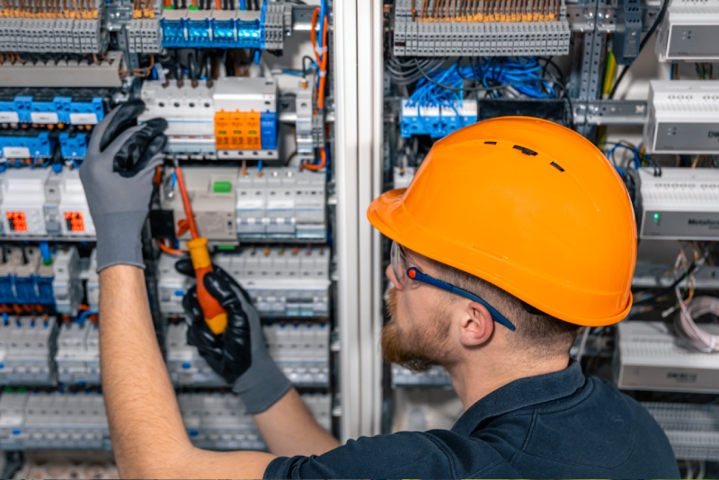 Certified electrician fixing electrical panel at residential property